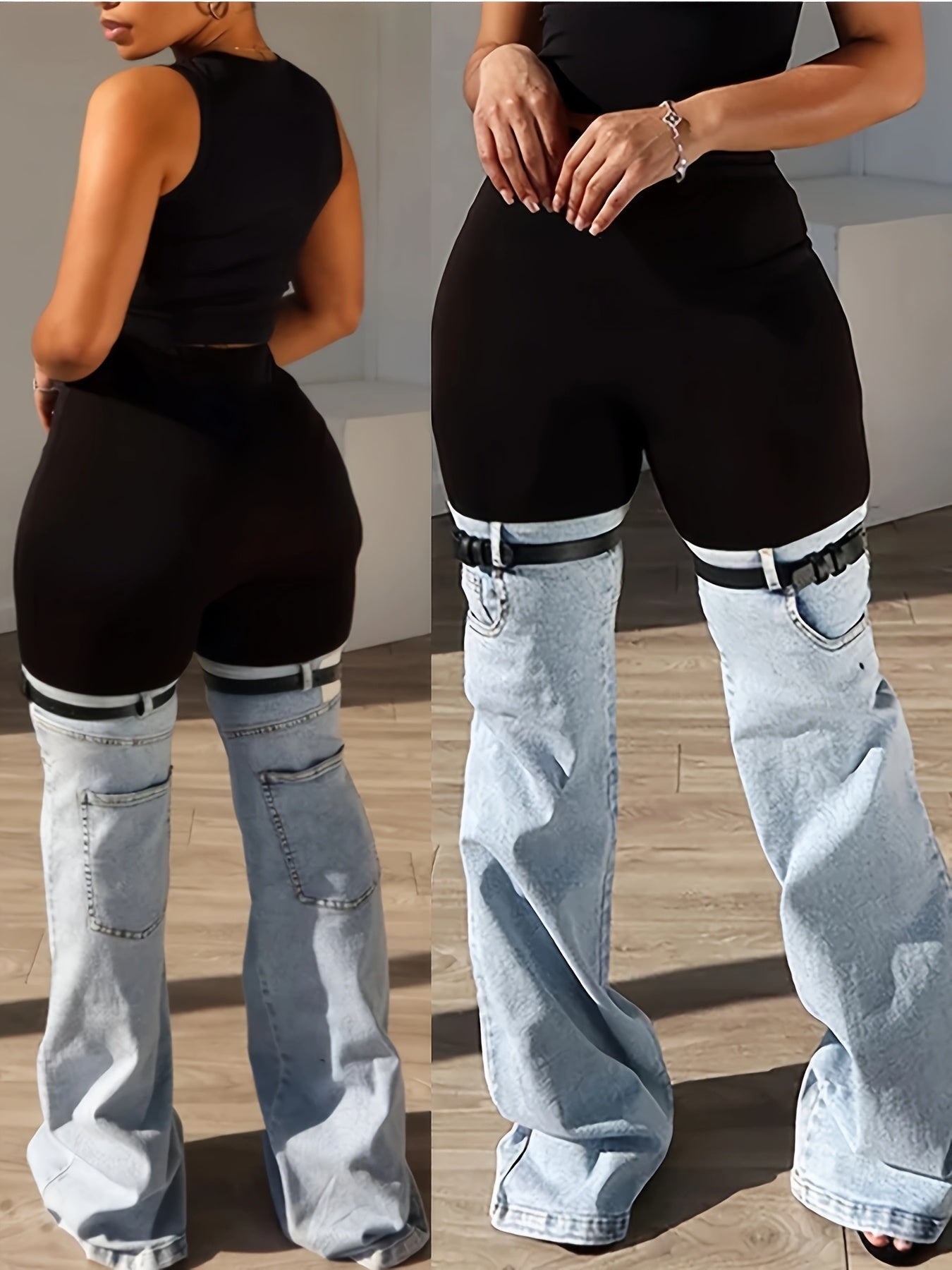 Women High Elastic Waist Two Tone Trendy Patchwork Jeans With Garter Belt Detail – Unique Streetwear Style